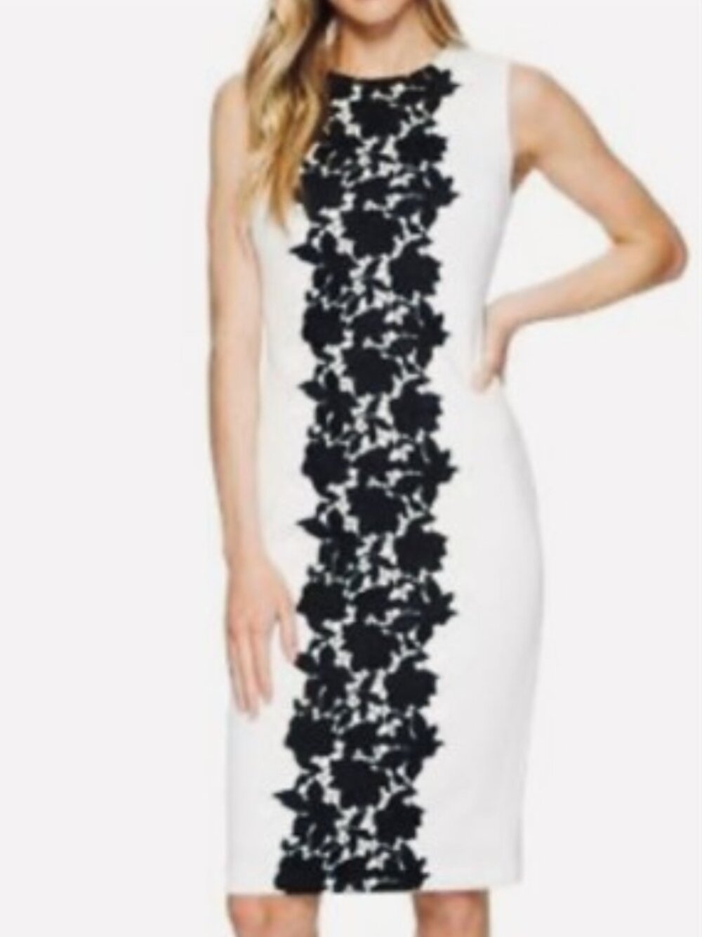Calvin Klein Sleeveless White Black Floral Lace Panel Scuba Sheath Dress Size 4